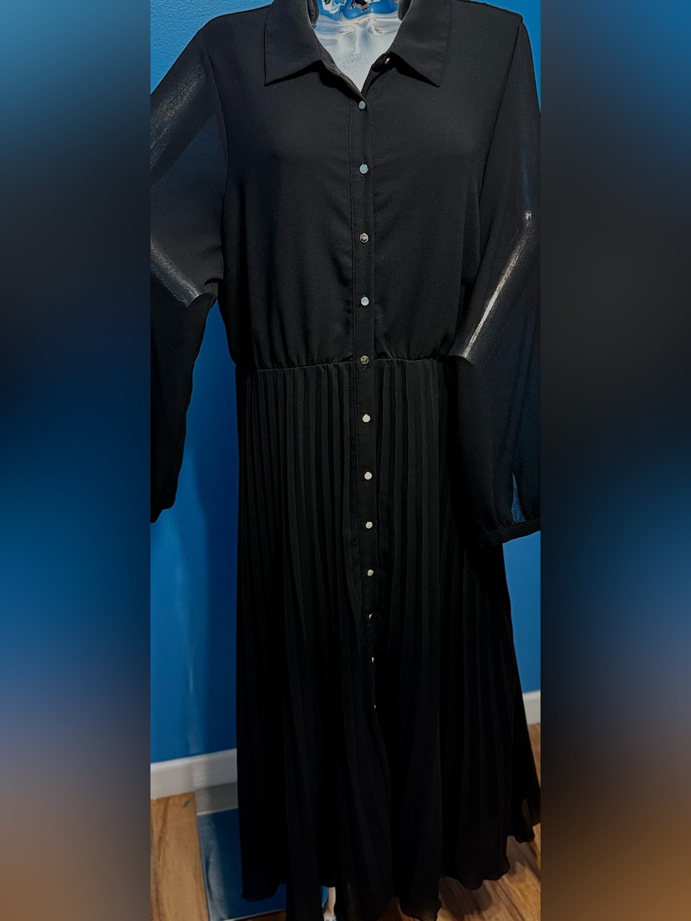 City Chic Black Long-Sleeve Pleated Button-Front Dress